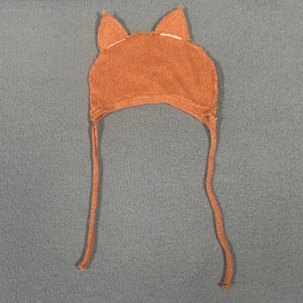 Vintage Knit Fox Winter Hat Baby 0-3 M Rust Orange Animal Ear Woodland Forest